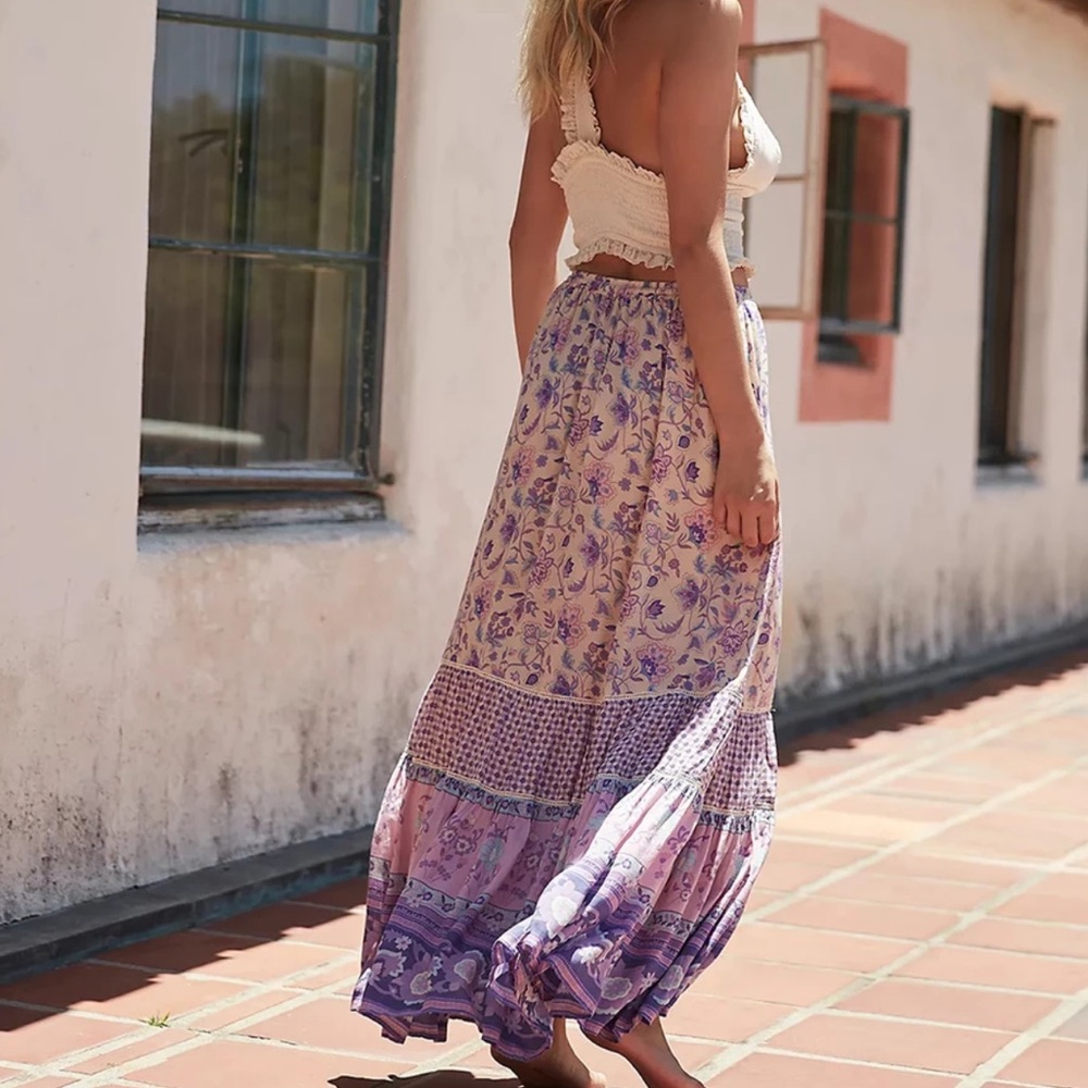 Boho Gypsy Floral Print Maxi Skirt Purple Pink - Picture 2 of 12